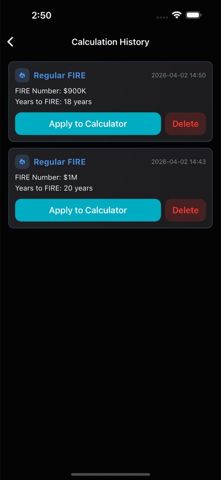 Fire Path calculation history screen